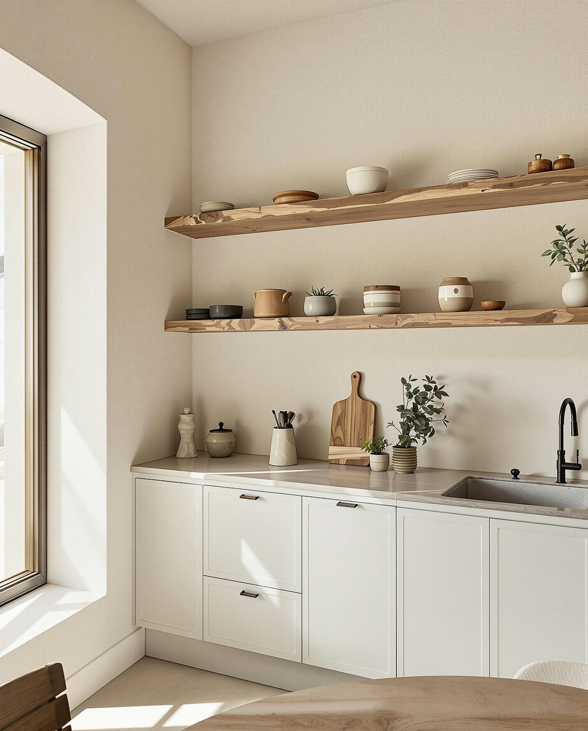 Minimal kitchen with white cabinets, timber shelving and a black tap