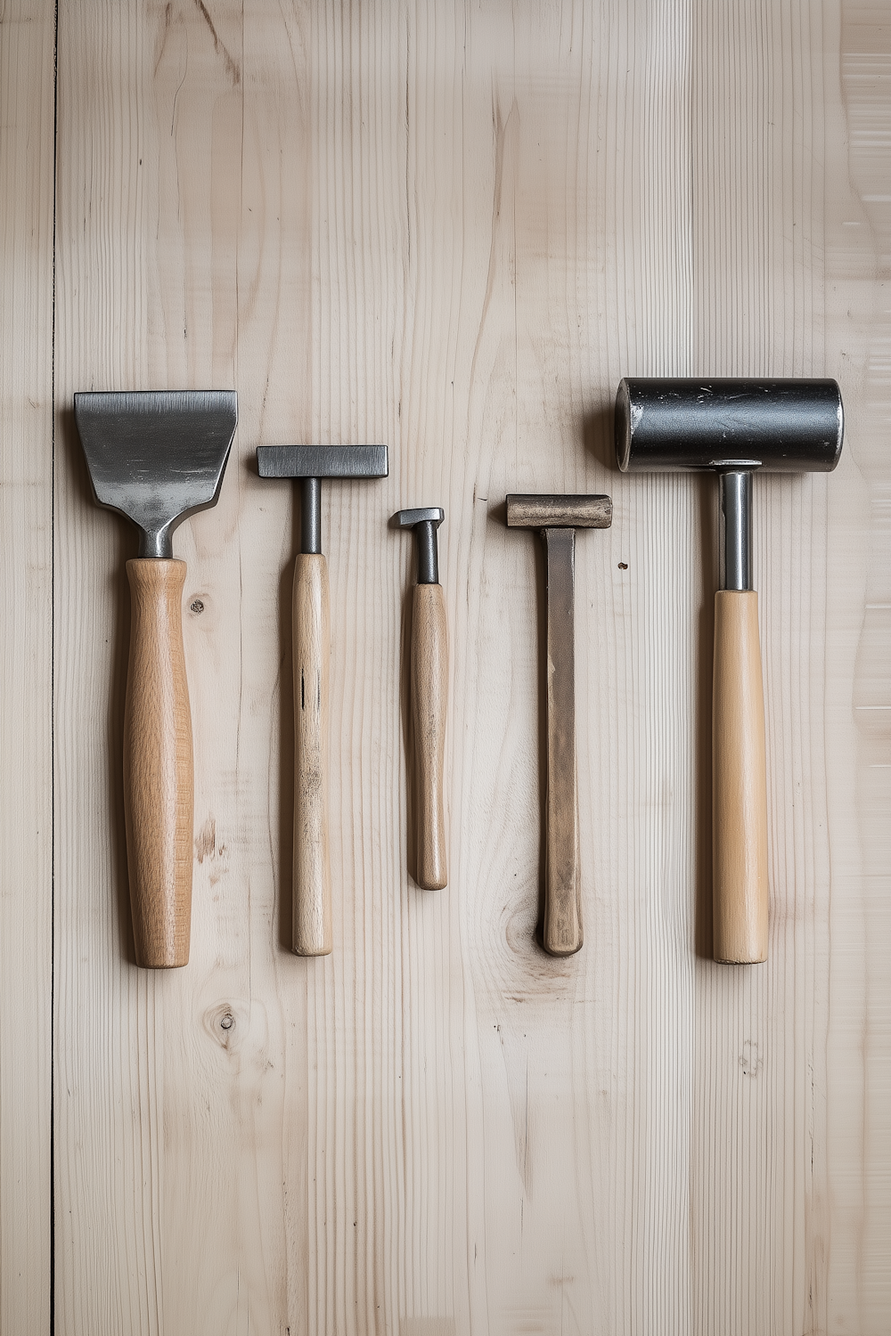 Set of woodworking hand tools laid out on a light timber surface