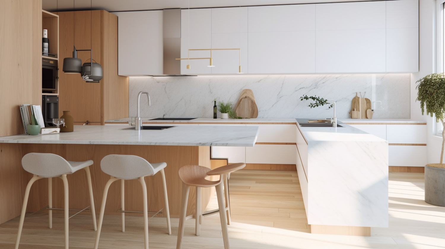 Modern kitchen island in light wood with white marble worktop