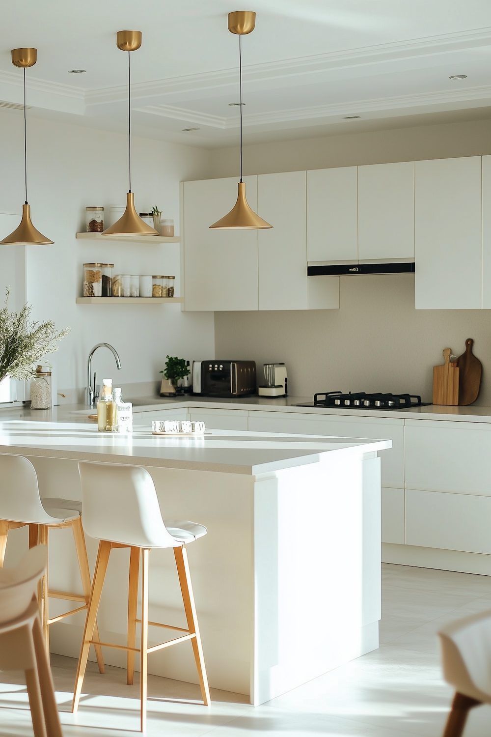 Bright kitchen with brass pendant lights above a marble island