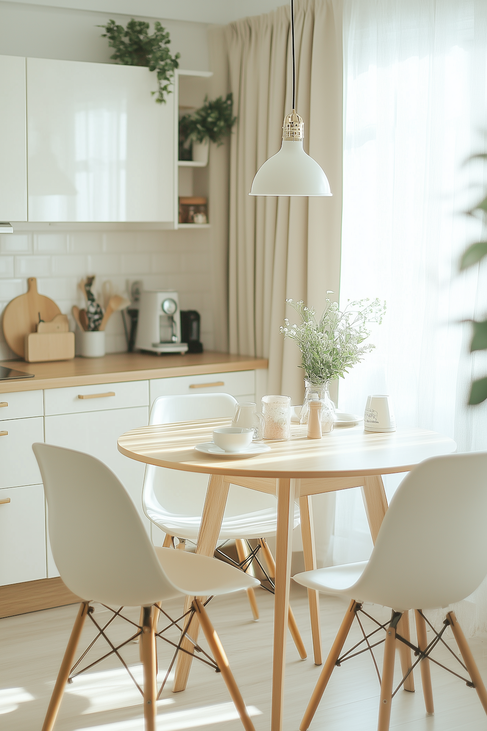 Bright kitchen with a wooden table, chairs and flowers by a window
