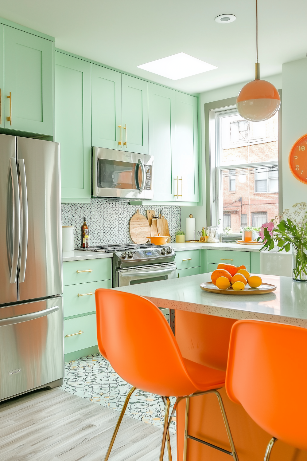 Green kitchen cabinetry with stools and daylight from a side window