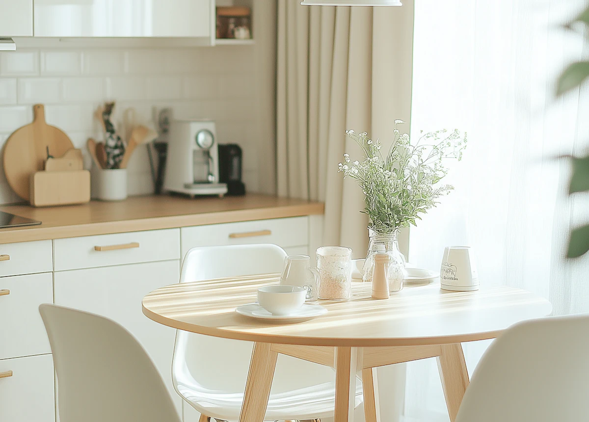 Compact white kitchen with an oak worktop and a round dining table