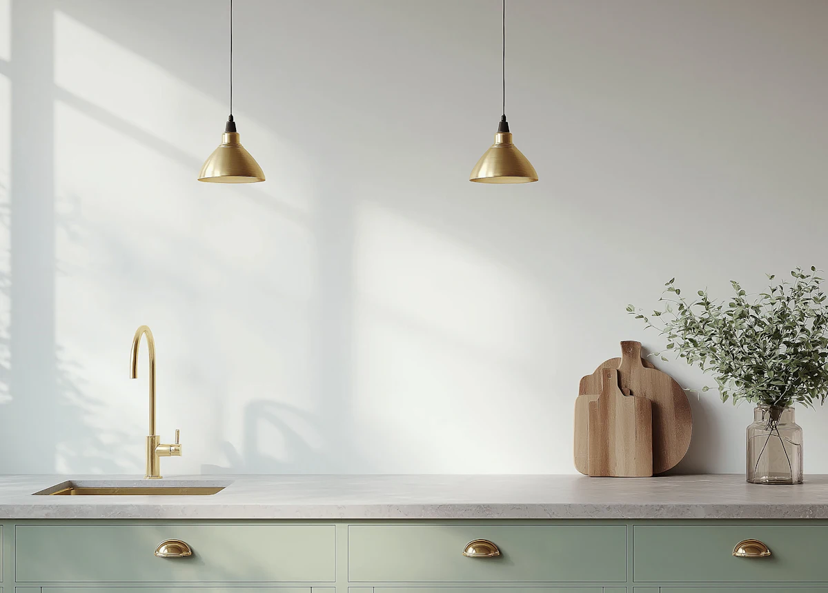 Sage green shaker cabinets with brass cup handles and a stone worktop