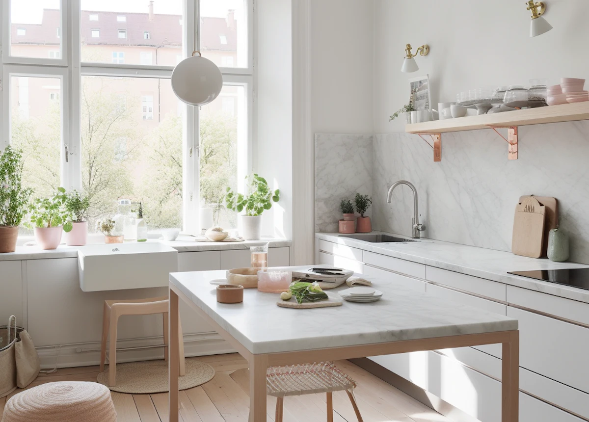 Bright kitchen with marble worktops, a butler sink and an oak open shelf