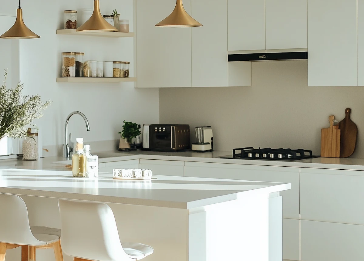 Cream handleless kitchen with a large island and brass pendant lights